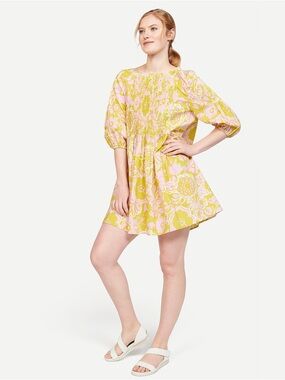 WHIT Organic Cotton Floral Pintuck Mini Dress in Yellow-Pink